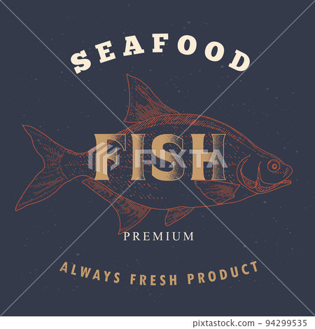 Fish label in the style of an old worn engraving Fish label in the style of an old worn engraving 94299535