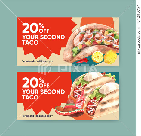 Voucher template with taco day concept,watercolor style Voucher template with taco day concept,watercolor style 94299754