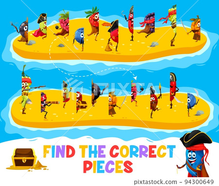Find the correct half pieces of cartoon berry pirate and corsair characters. Children quiz or riddle, connect piece game vector worksheet with blackcurrant, gooseberry and raspberry, blueberry Find the correct half pieces of cartoon berry pirate and corsair characters. Children quiz or riddle, connect piece game vector worksheet with blackcurrant, gooseberry and raspberry, blueberry 94300649