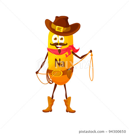Sodium or natrium micronutrient cowboy character. Funny vector Na vitamin robber or bandit with lasso, wild west personage in wear hat, bandana, boots and belt. Texas western hero 94300650