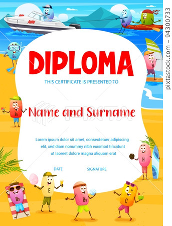 Kids diploma. Cartoon vitamin characters on the beach. School diploma, kids education vector certificate with cheerful A, B, C and D vitamins characters windsurfing, water skiing, kayaking and diving 94300733