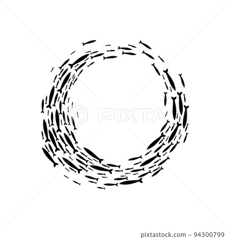 Group sea shoal small school fish swimming, shoaling and schooling. Vector underwater ecosystem deep marine animals silhouette, ocean tuna or code Group sea shoal small school fish swimming, shoaling and schooling. Vector underwater ecosystem deep marine animals silhouette, ocean tuna or code 94300799