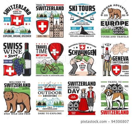 Switzerland travel landmarks, culture symbols icons. Bear, St. Bernard dog and Swiss army knife, grapes, wine and Matterhorn peak, schwingen wrestlers, aplhorn and ski, Swiss guard, Switzerland flag 94300807