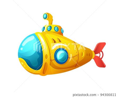Cartoon underwater submarine or bathyscaphe, vector undersea yellow boat. Submarine with periscope, sea ship bathyscaphe, kid funny submarine toy with portholes and propeller, under water ocean boat 94300811