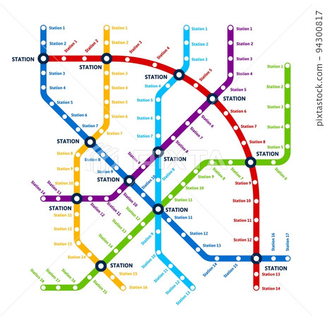 Metro, underground transport scheme map, urban subway system. Vector plan with colorful lines and city railway stations. Railroad route layout of public passenger transport train tracks information Metro, underground transport scheme map, urban subway system. Vector plan with colorful lines and city railway stations. Railroad route layout of public passenger transport train tracks information 94300817