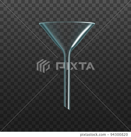 Glass funnel, transparent plastic filter or chemistry lab equipment, vector 3d. Laboratory experiment tube, realistic glass funnel for filtering or distilling, volumetric cylinder test with cone neck 94300820