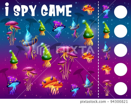 I spy game worksheet magic mushroom on the fantasy meadow. Child counting vector puzzle, children math quiz with calculation activity or kids educational riddle with magic luminous mushrooms 94300821