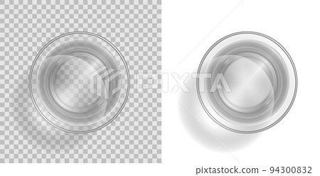 Glass water top view, isolated vector cup or shot with liquid on transparent or white background. Realistic 3d glass with clean crystal water or alcohol beverage 94300832