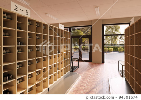 The entrance and shoe cupboard after school where the setting sun shines / Concept image of school location, youth and nostalgia 94301674