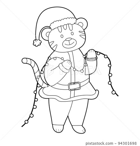 Coloring book for kids, cartoon tiger holding a garland. Vector isolated on a white background Coloring book for kids, cartoon tiger holding a garland. Vector isolated on a white background 94301698