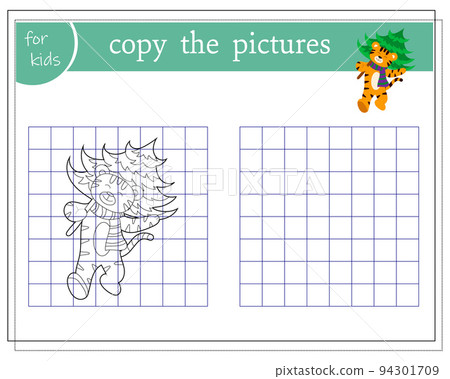Copy the picture, educational games for children, cartoon tiger carries a Christmas tree. vector 94301709