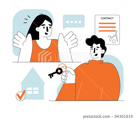 Real estate agent. Real estate business concept of a deal. Concept of Rent Real Estate, Home for Rent. Vector illustration for Web Design, Landing Page Real estate agent. Real estate business concept of a deal. Concept of Rent Real Estate, Home for Rent. Vector illustration for Web Design, Landing Page 94301819