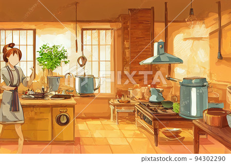 woman is cooking in the kitchen. Apron for cooking. Cozy kitchen with appliances and utensils 94302290