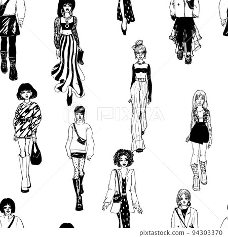 Seamless pattern. Women in trendy clothes. Defile sketch. 94303370