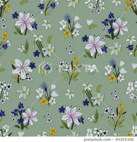 Seamless floral pattern. Vector ahand drawn flowers and leaves. Botanical sketchy illustration Seamless floral pattern. Vector ahand drawn flowers and leaves. Botanical sketchy illustration 94303386