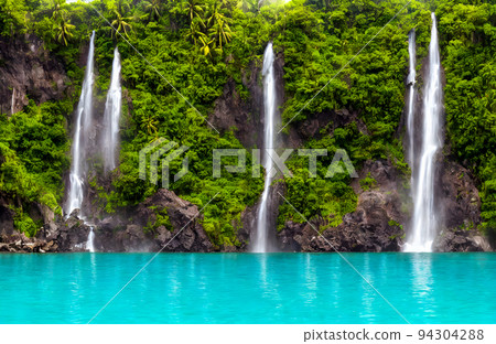 Beautiful waterfall with sunlight in jungle, paradise fantasy island. 3D Illustration Beautiful waterfall with sunlight in jungle, paradise fantasy island. 3D Illustration 94304288