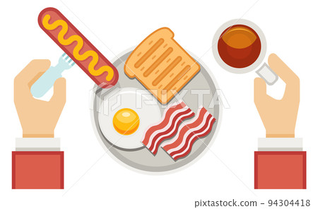 Breakfast top view. Morning coffee and fried egg with bacon dish Breakfast top view. Morning coffee and fried egg with bacon dish 94304418