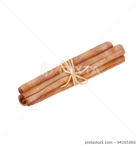 Three rolled sticks of cinnamon. Aromatic spice. Condiment for dishes. Detailed cartoon watercolor illustration isolated on white background. 94305068