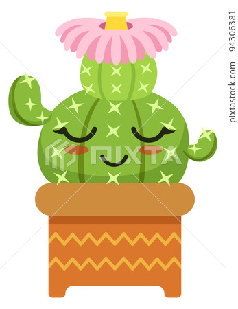 Cute blooming cactus with kawaii face. Happy succulent pot 94306381