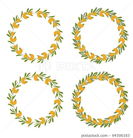 Sea buckthorn. Round frame, wreath.  Orange ripe berries. Sea Buckthorn for jam and dessert. Vector stock illustration.  94306383