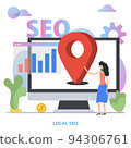 Local SEO flat concept. Vector illustration with woman near screen and geolocation icon. Targeting research and promotion campaign 94306761