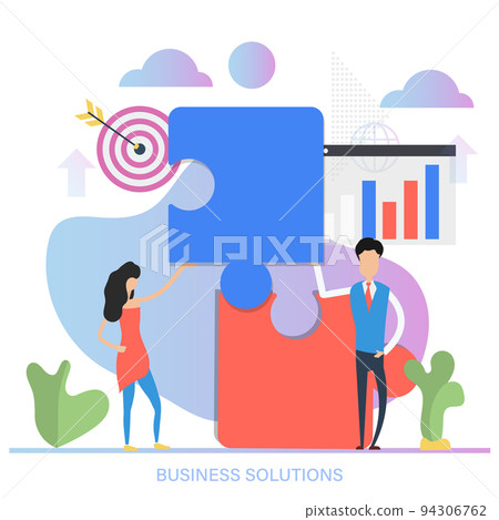 Business solution concept vector illustration. People solving buisness task together. Teamwork, brainstorm flat style scene Business solution concept vector illustration. People solving buisness task together. Teamwork, brainstorm flat style scene 94306762