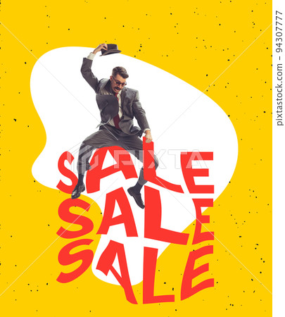 Young stylish man in retro style clothes over bright colored background. Poster for promotion of seasonal sales, black Friday, cyber Monday concept. Young stylish man in retro style clothes over bright colored background. Poster for promotion of seasonal sales, black Friday, cyber Monday concept. 94307777