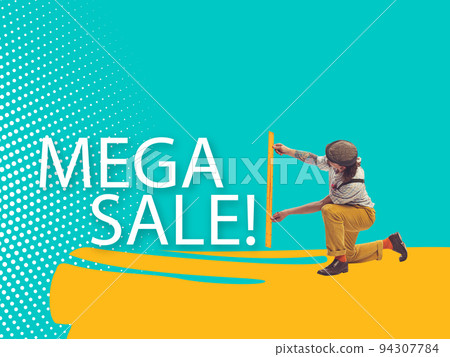 Poster for advertising seasonal sales, big discounts in online and offline stores. Concept of sales, black friday, cyber Monday, human emotions 94307784