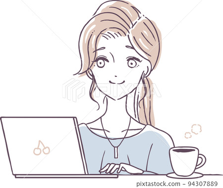 Illustration material of a stylish woman who works remotely on a laptop Home coffee PC Nomad 94307889
