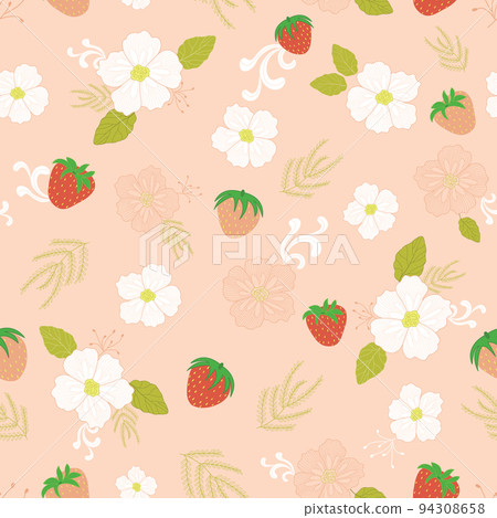Cute vector strawberries and white flowers field seamless repeating pattern background. Cute vector strawberries and white flowers field seamless repeating pattern background. 94308658