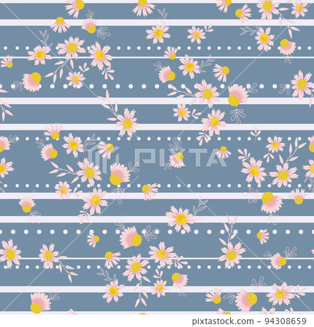 Cute pink daisies ditsy on striped blue fabric vector seamless repeating pattern print design background. 94308659