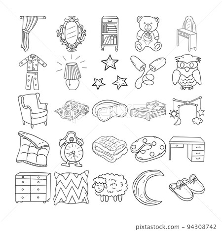 Bedroom Hand Drawn Doodle Line Art Outline Set 94308742