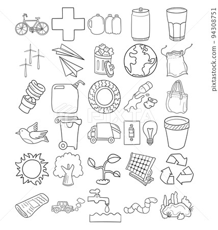 Earth Day Hand Drawn Doodle Line Art Outline Set 94308751
