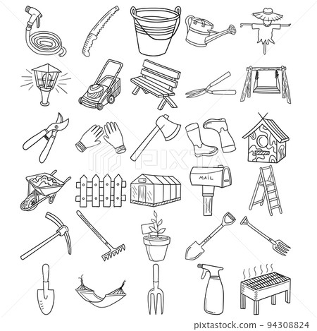 Garden Hand Drawn Doodle Line Art Outline Set 94308824