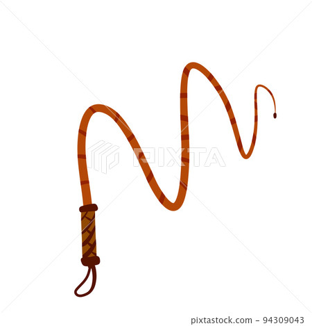 Whip for training an animal. Long cord. Horsewhip of Wild West. Flat cartoon. Concept of slavery, submission and domination Whip for training an animal. Long cord. Horsewhip of Wild West. Flat cartoon. Concept of slavery, submission and domination 94309043