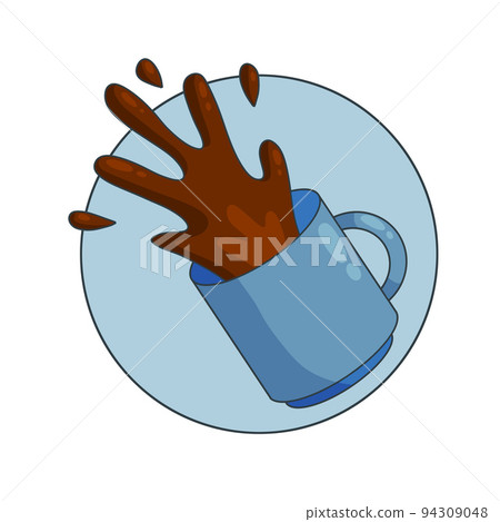 Spilled Cup of coffee. Spray and drop. Sloppy handling in kitchen. Drink with caffeine. Cartoon illustration. Spilled Cup of coffee. Spray and drop. Sloppy handling in kitchen. Drink with caffeine. Cartoon illustration. 94309048