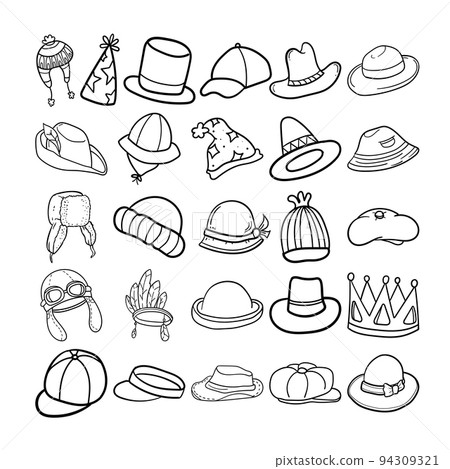 Hats Hand Drawn Doodle Line Art Outline Set 94309321
