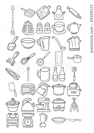 Kitchen Hand Drawn Doodle Line Art Outline Set 94309325