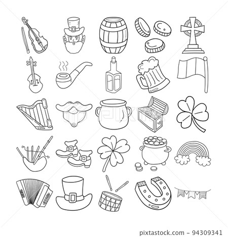 St. Patrick Hand Drawn Doodle Line Art Outline Set 94309341