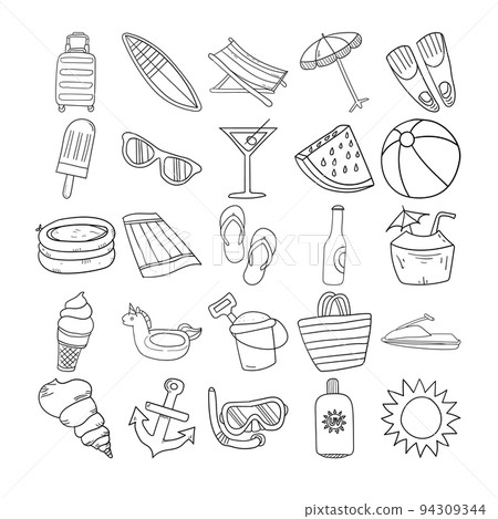Summer Hand Drawn Doodle Line Art Outline Set 94309344