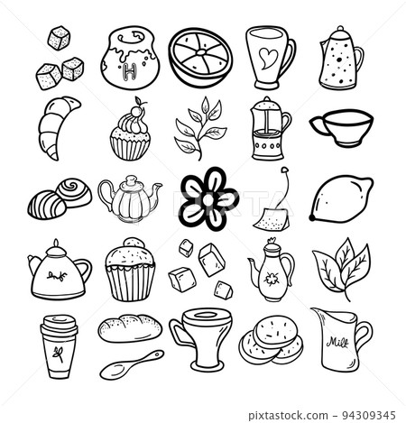 Tea Time Hand Drawn Doodle Line Art Outline Set 94309345
