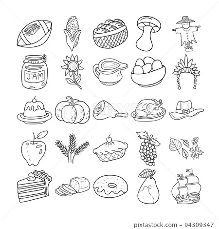 Thanksgiving Hand Drawn Doodle Line Art Outline Set Thanksgiving Hand Drawn Doodle Line Art Outline Set 94309347
