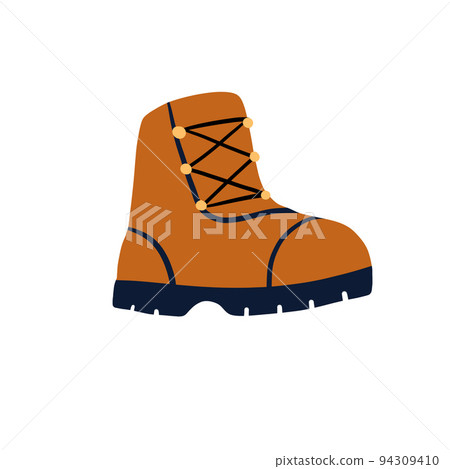 Hiking boots. Sturdy brown leather travel shoes. Traveler clothing item. Doodle cartoon 94309410