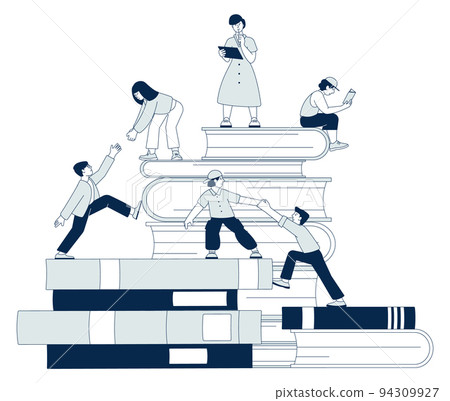 People climbing on book stack. Studying knowledge concept 94309927