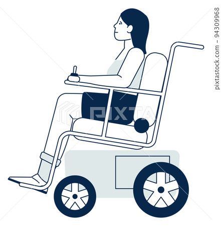 Young woman on electric wheelchair. Disabled person lifestyle Young woman on electric wheelchair. Disabled person lifestyle 94309968