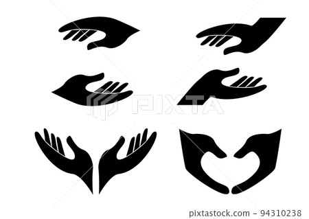 Set Human hands silhouette with heart shape charity concept isolated on white background. Collection arms with fingers, helpful gesture. 94310238