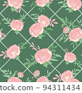 Pink peonies leaves bunches on green criss cross background vector seamless pattern. For walls, fabric, textiles, covers, wrapping, packaging and much more 94311434