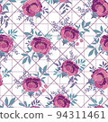 Violet purple peonies leaves bunches on criss cross vector seamless repeating pattern background. Great for textiles, walls, covers, packaging and much more 94311461