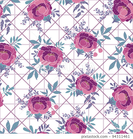 Violet purple peonies leaves bunches on criss cross vector seamless repeating pattern background. Great for textiles, walls, covers, packaging and much more 94311461