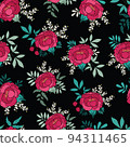 Red decorative peonies on black hand drawn illustration vector seamless pattern design. Great for fabric, ethnic patterns, clothing, textile, walls, packaging projects and more 94311465